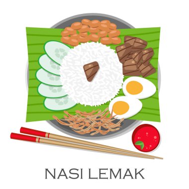 Malezya mutfağı, Nasi Lemak veya Hindistan cevizi sütü kaynatın yumurta, hamsi, fıstık ve salatalık ile servis pişmiş haşlanmış pirinç. Malezya ulusal çanak. Vektör çizim 