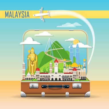 Arka plan seyahat. Malezya yerlerinden çantayla. Web reklam afişi. Infographic Bagaj sembolleri ile. Seyahat ve turizm cazibe. Vektör çizim