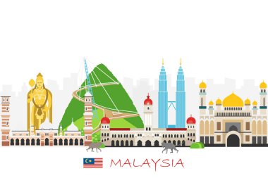 Travel background with landmarks of Malaysia. Web advertising banner. Infographic with symbols. Travel and Tourist Attraction. Malaysia INDEPENDENCE DAY. Vector illustration clipart