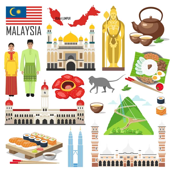 Mimarisi Ulusal Bayrak Kostüm Harita Gıda Diğer Malezya Sembollerde Düz — Stok Vektör
