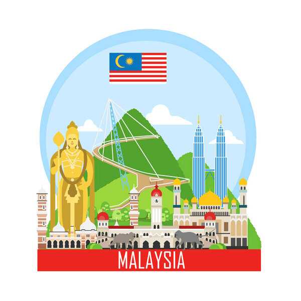 Туристический фон с достопримечательностями Малайзии. Рекламный баннер. Инфографика с символами. Путешествия и развлечения. Векторная иллюстрация
