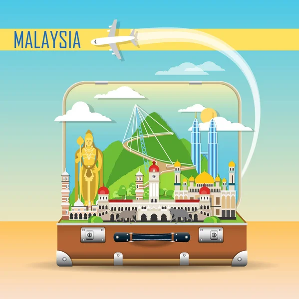 Podróż Walizka Atrakcje Malezji Bannery Reklamowe Infografika Bagażu Symbolami Podróży — Wektor stockowy