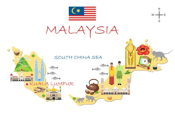 Stilisierte Landkarte Von Malaysia Reiseillustration Mit Malaysischen Sehenswürdigkeiten Architektur Nationalflagge — Stockvektor