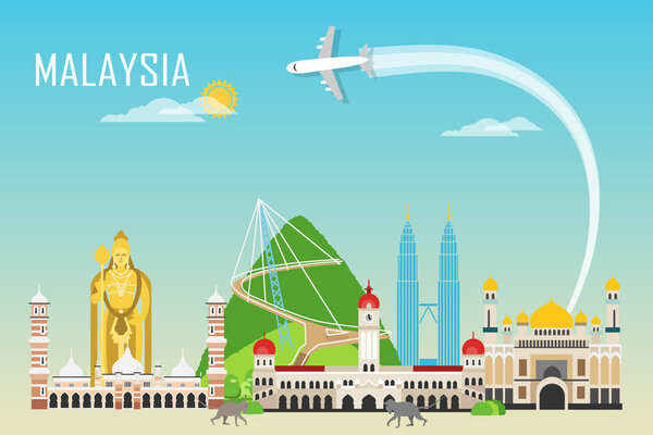 Туристический фон с достопримечательностями Малайзии. Рекламный баннер. Инфографика с символами. Путешествия и развлечения. НеЗАВИСИМОСТЬ в Малайзии. Векторная иллюстрация

