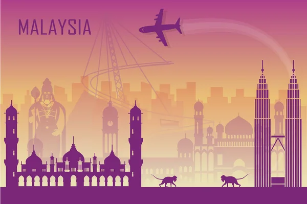 말레이시아의 랜드마크와 배너입니다 Infographic 기호입니다 말레이시아 날입니다 일러스트 — 스톡 벡터