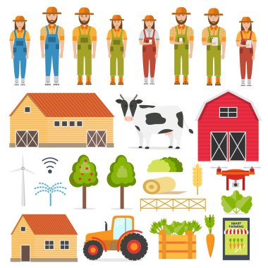 Mutlu çiftçilerin ayarla ve öğeleri tarım akıllı. Tarım Otomasyon ve robot ile modern teknolojiler (Gps denetim, veri tarım, anket dronlar, Hayvancılık, Agribots). Vektör çizim.