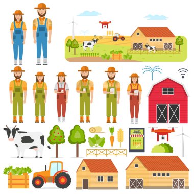 Mutlu çiftçilerin ayarla ve öğeleri tarım akıllı. Tarım Otomasyon ve robot ile modern teknolojiler (Gps denetim, veri tarım, anket dronlar, Hayvancılık, Agribots). Vektör çizim.