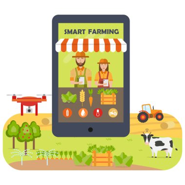 Akıllı Tarım mobil uygulama düz infographics. Online pazarlama ve alışveriş. Tarım Otomasyon ve robot modern teknolojiler ile. Vektör çizim