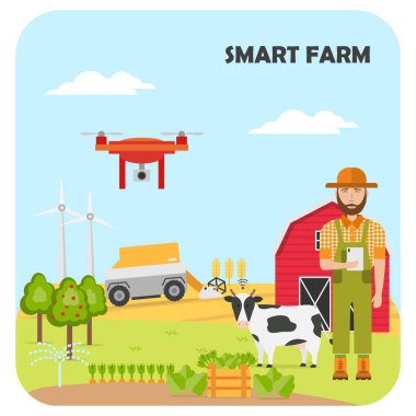 Akıllı Tarım. Tarım Otomasyon ve robot modern teknolojiler, kablosuz kontrol ile. Vektör çizim.