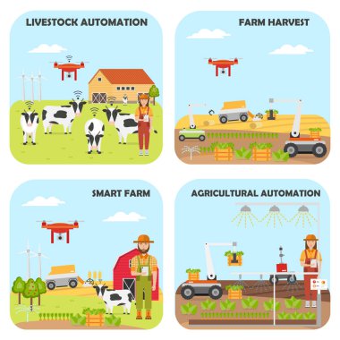 Akıllı çiftlik arka planlar kümesi. Tarım ve Hayvancılık Otomasyon, çiftlik hasat ve robotik modern teknolojiler, kablosuz kontrol ile. Vektör çizim.