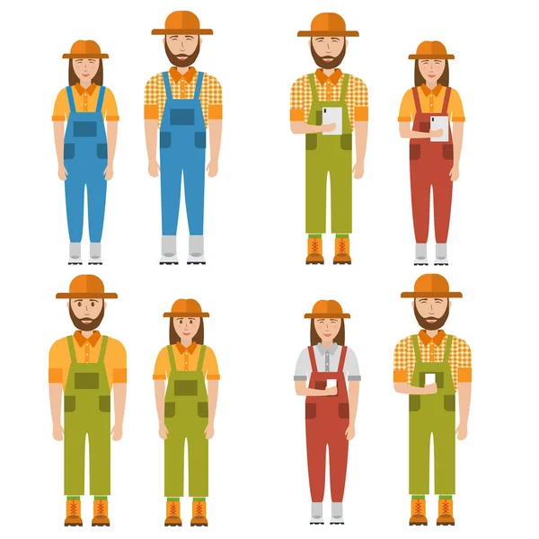 Beyaz arka plan üzerinde izole mutlu çiftçiler düz tasarım kümesi. Çizgi kahramanlar tablet ve telefon ile akıllı tarımın erkek ve kadın. Vektör çizim.