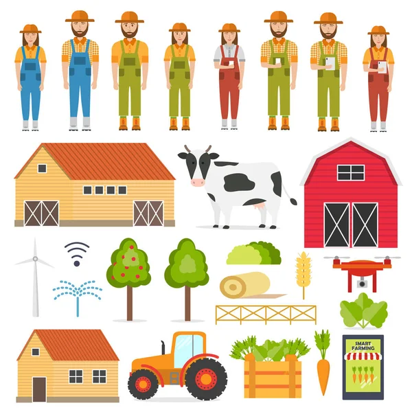 Mutlu çiftçilerin ayarla ve öğeleri tarım akıllı. Tarım Otomasyon ve robot ile modern teknolojiler (Gps denetim, veri tarım, anket dronlar, Hayvancılık, Agribots). Vektör çizim.