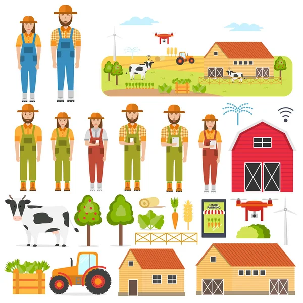 Mutlu çiftçilerin ayarla ve öğeleri tarım akıllı. Tarım Otomasyon ve robot ile modern teknolojiler (Gps denetim, veri tarım, anket dronlar, Hayvancılık, Agribots). Vektör çizim.