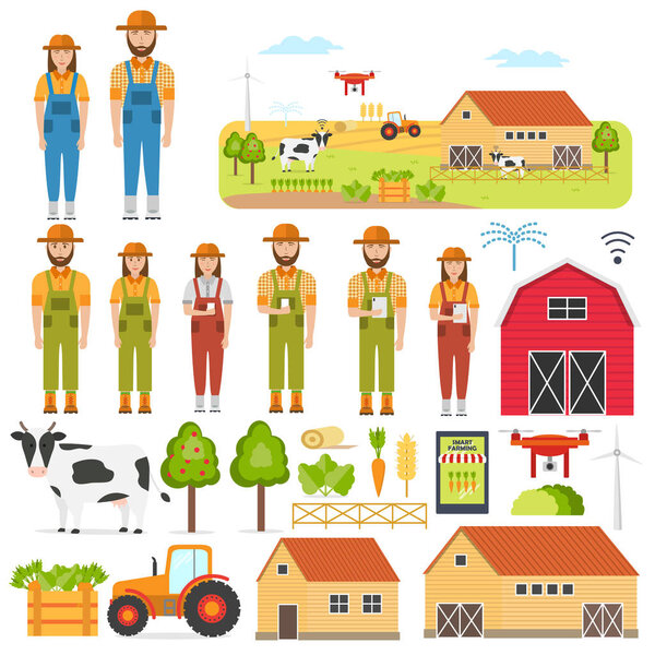 Набор счастливых фермеров и умных элементов сельского хозяйства. Автоматизация сельского хозяйства и робототехника с использованием современных технологий (GPS Control, Farming Data, Survey Drones, Livestock, Agribots). Векторная иллюстрация
.