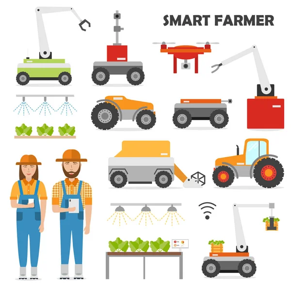 자동화 스마트 농부와 로봇의 이미지로 아이콘 일러스트 — 스톡 벡터