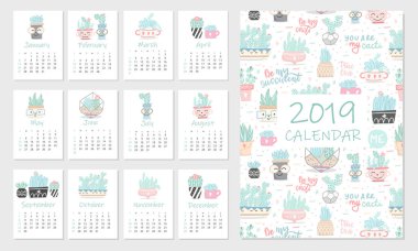 Calendar 2019. Set of cute hand 12 illustrations with succulents and cactuses. Vector illustration.