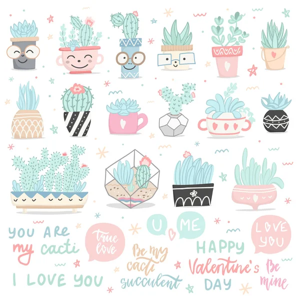 Set Hand Drawn Pastel Colors Cactuses Succulents Flower Leaves Cartoon — Stockvector