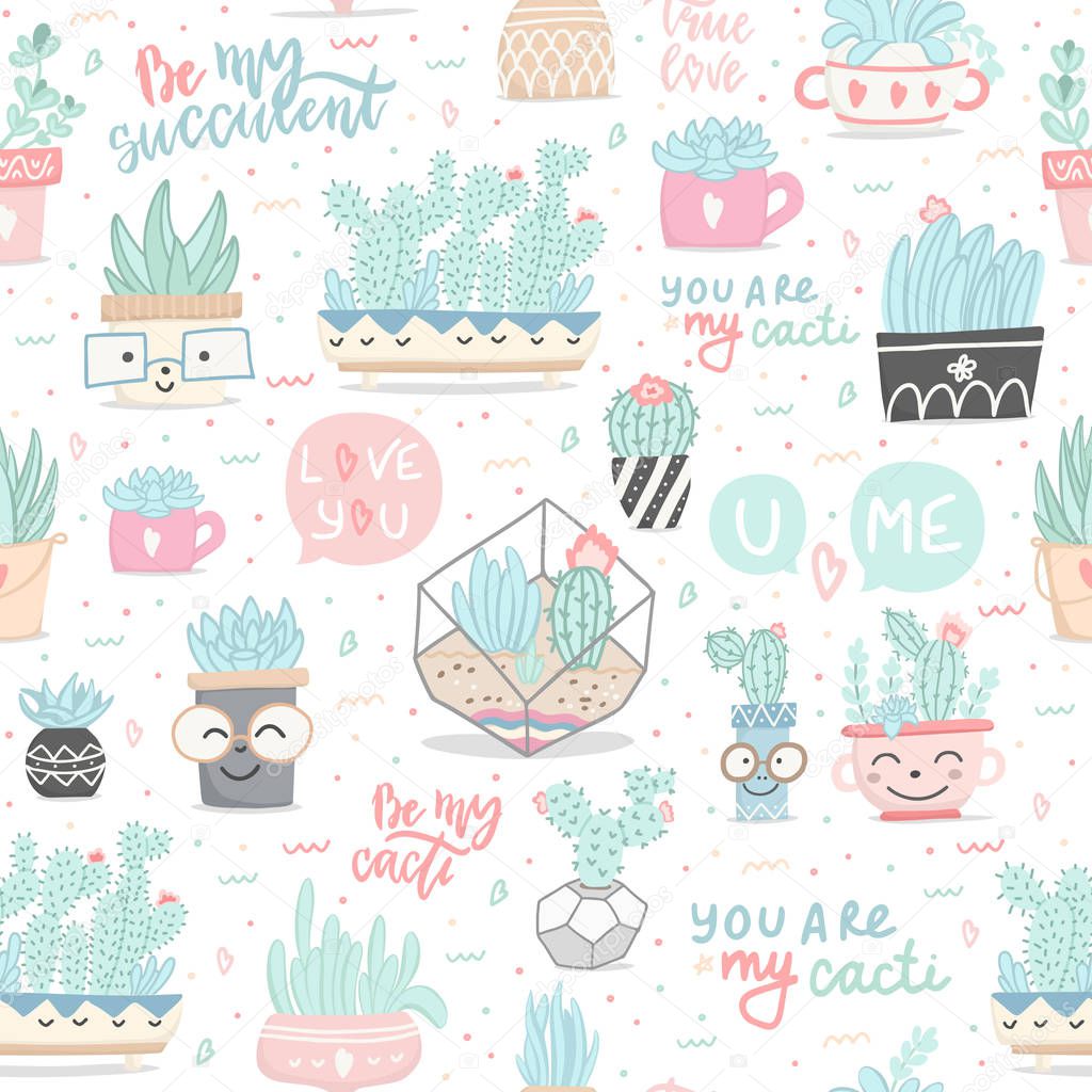 Seamless pattern with cactuses and succulents in cartoon style. Vector illustration.