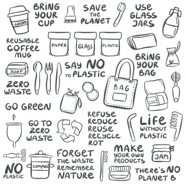 Sloganı yazı ile sıfır atık yaşamın elle çizilmiş öğeleri kümesi. Eko Stil. Hiçbir plastik. Vektör çizim