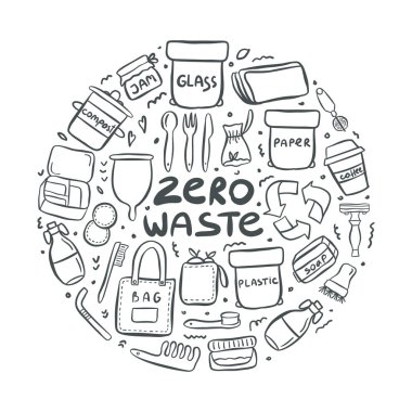 Sloganı yazı ile sıfır atık yaşamın elle çizilmiş öğeleri kümesi. Eko Stil. Hiçbir plastik. Vektör çizim