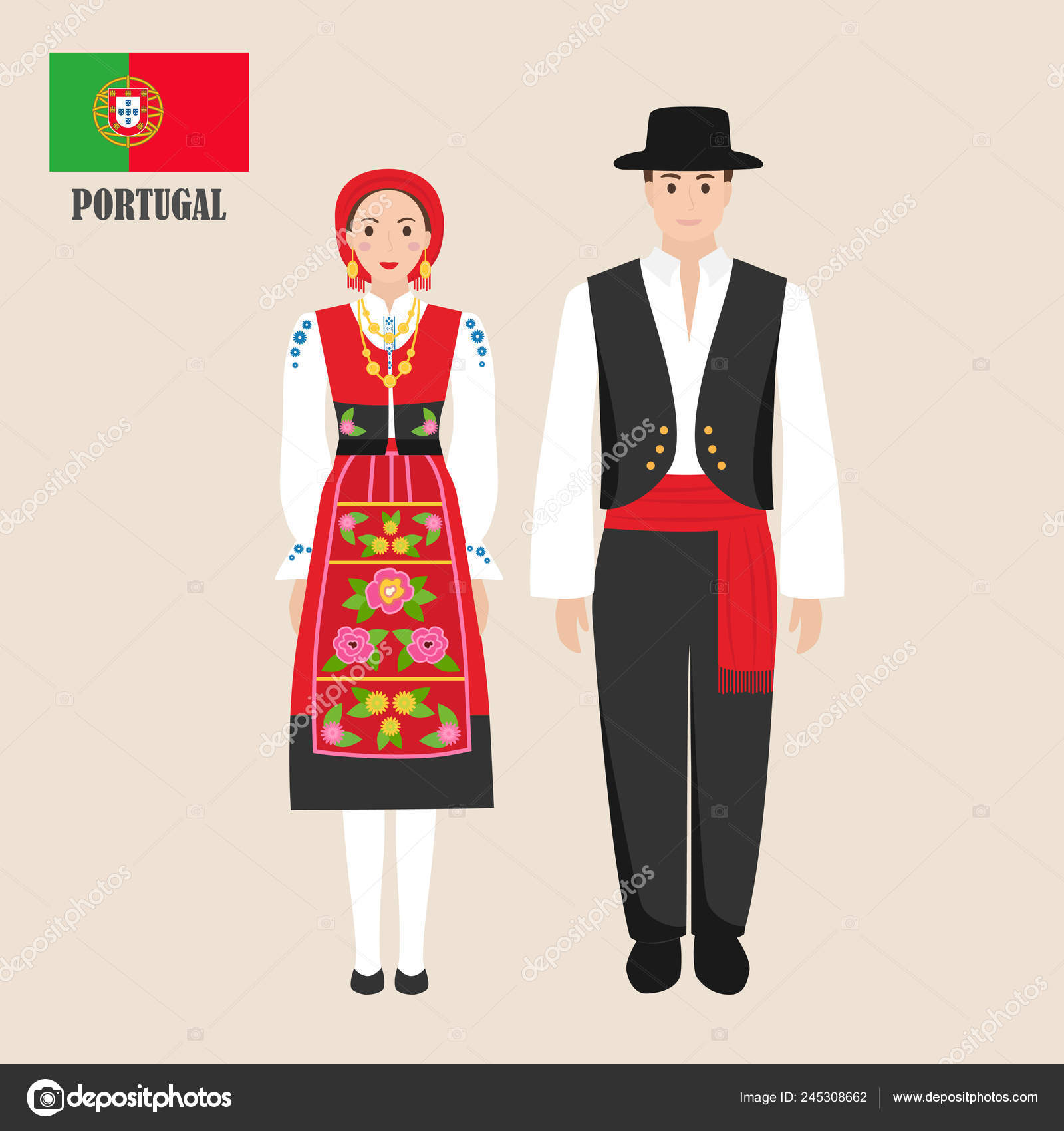 Português Vestido Nacional Com Bandeira Homem Mulher Trajes Tradicionais  Viaje vetor(es) de stock de ©yanabolbot.gmail.com 245308662