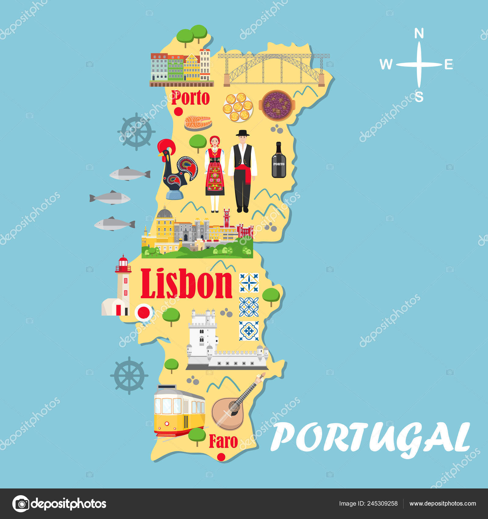 Grande viaje ilustra mapa de Portugal, Portugal, Europa
