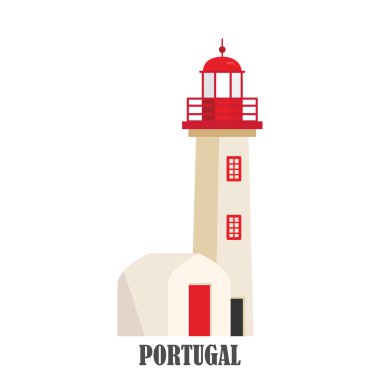 Portekiz deniz feneri Cabo de roca, Avrupa'nın kenar. Portekizce işareti simgesi. Düz stil vektör çizim. Hatıra Eşyası, mıknatıslar, afiş, posta kartları için.