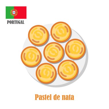 Pastel de nata. Pastel de Belem. Yumurta tart. Ulusal Portekiz tatlı. Yukarıdan görüntüleyin. Vektör düz çizim.