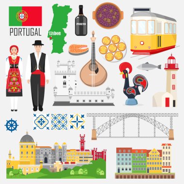 Portekizce simgeler ve simge ile ayarla: fado, kostüm, Porto şarabı, tramvay, Sintra, eski Porto, dom luis, cabo de roca, Belem Kulesi, feijoada, pastel de nata. Düz, vektör öğelerinde Portekiz seyahat