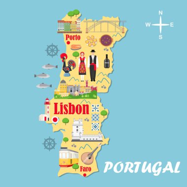 Stylized map of Portugal. Travel illustration with Portuguese landmarks, architecture, national costume and other symbols in flat style. Vector illustration clipart