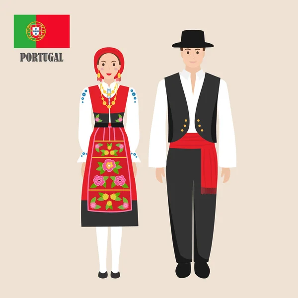 Portoghese Abito Nazionale Con Una Bandiera Uomo Donna Costume Tradizionale — Vettoriale Stock