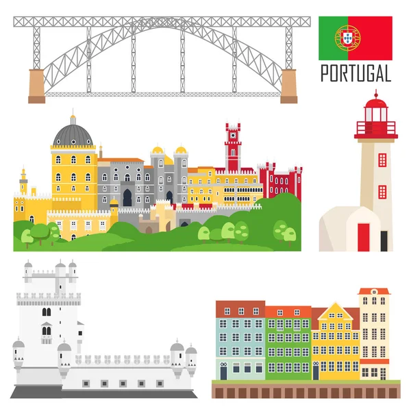 Portugal Conjunto Iconos Emblemáticos Estilo Plano Puente Dom Luis Ciudad — Vector de stock