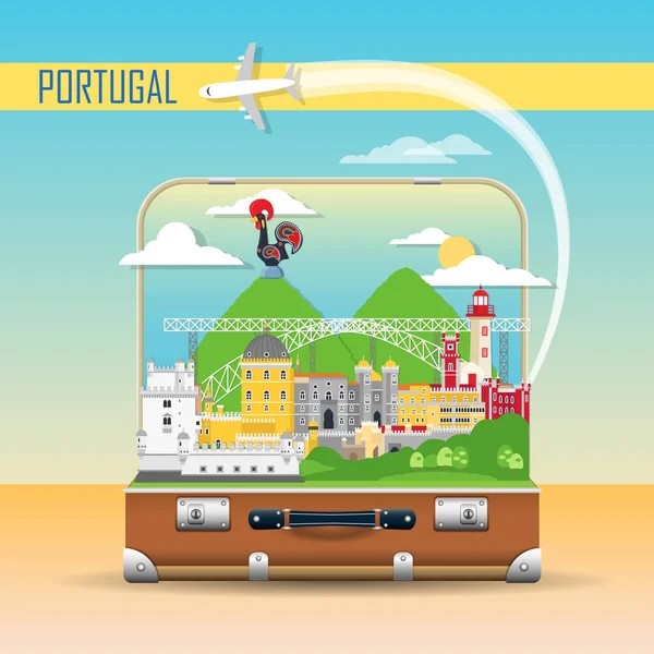 Fondo Portugal Con Iconos Nacionales Emblemáticos Estilo Plano Icono Para — Vector de stock