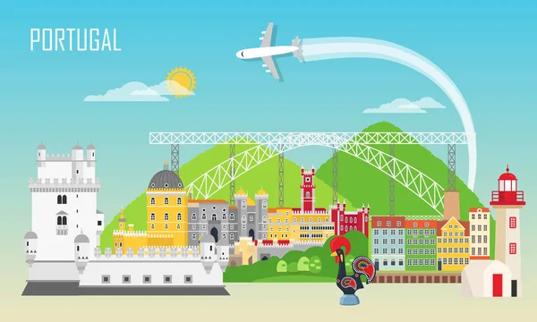 Portugal Conjunto Iconos Emblemáticos Estilo Plano Puente Dom Luis Ciudad — Vector de stock