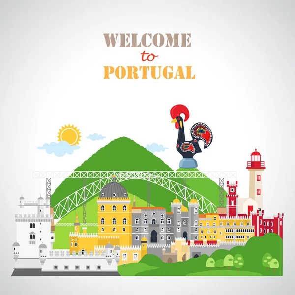 Fondo Portugal Con Iconos Nacionales Emblemáticos Estilo Plano Icono Para — Vector de stock