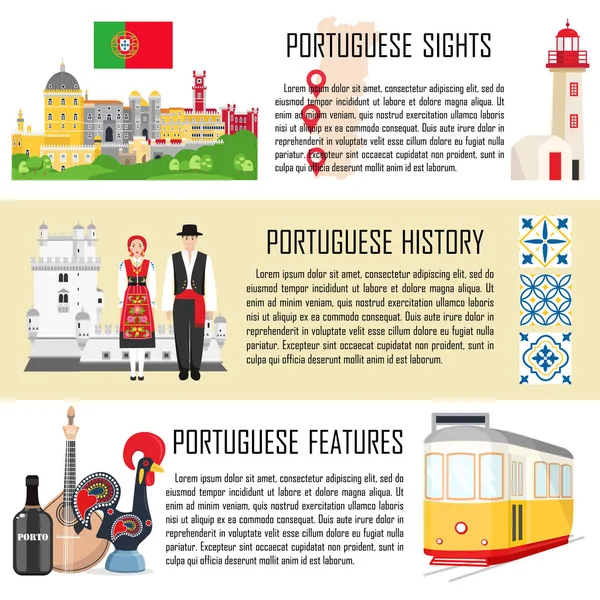 Portugal Con Banderas Cocina Tradicional Historia Lugares Interés Nacional Ilustración — Archivo Imágenes Vectoriales