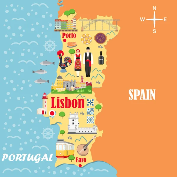 Mapa Estilizado Portugal Ilustración Viajes Con Monumentos Portugueses Arquitectura Vestuario — Vector de stock