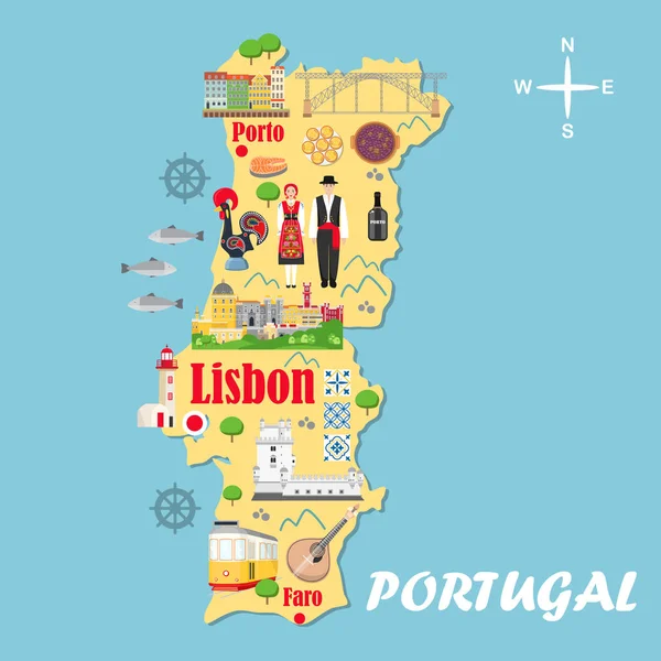 Mapa Estilizado Portugal Ilustración Viajes Con Monumentos Portugueses Arquitectura Vestuario — Archivo Imágenes Vectoriales