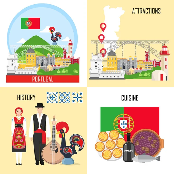 Portugal Con Cocina Tradicional Historia Lugares Interés Nacional Ilustración Vectorial — Vector de stock