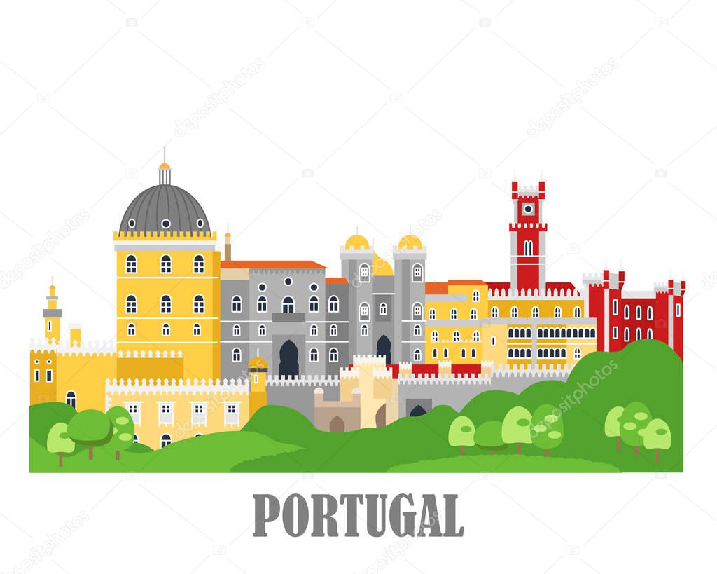 Sintra City in Portugal. Landmark travel sightseeing collection in flat cartoon style. Vector illustration