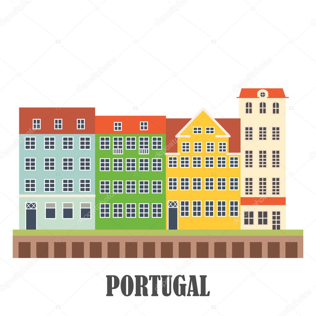 Portugal landmarks set. Old Porto. Landscape of old town. Portugal landmark travel collecton. Vector illustration