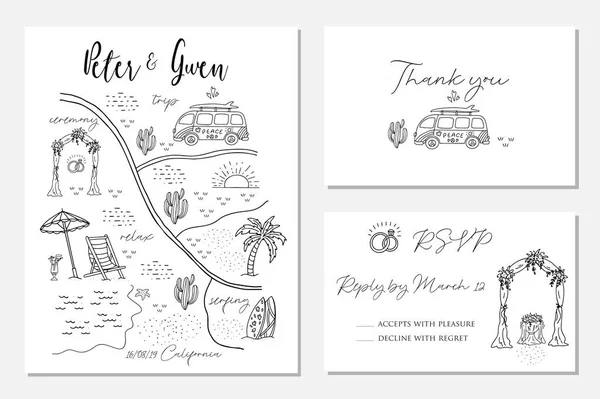 Set of wedding invitation cards with map — Stock Vector