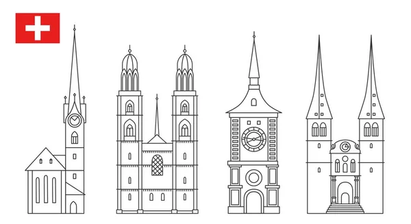Ensemble d'icônes emblématiques de la Suisse en style contour — Image vectorielle