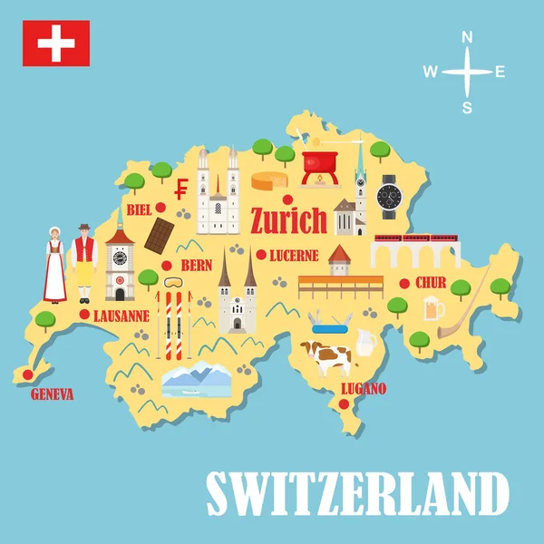 Mapa de Suiza con puntos de referencia — Vector de stock