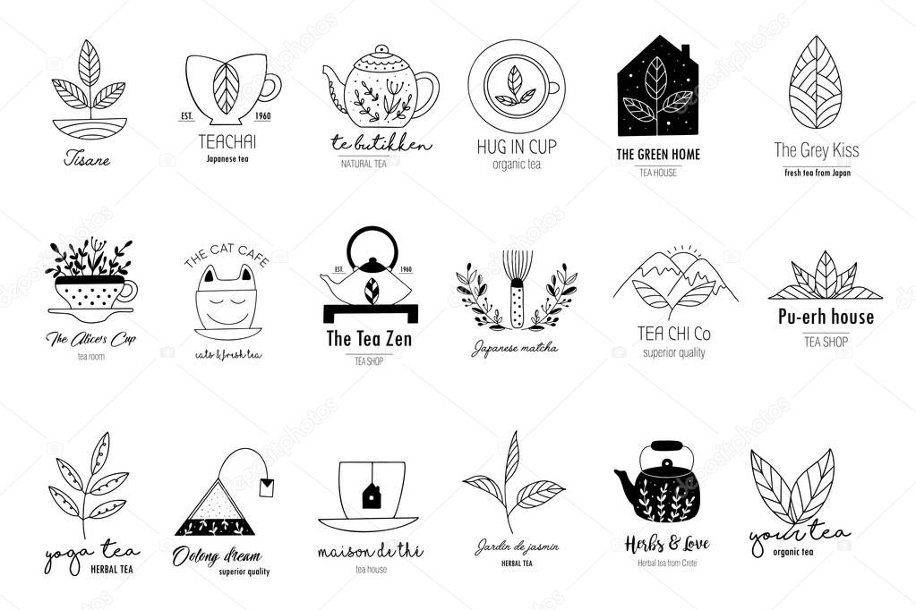 Hand drawn tea logo set in doodle style. Vector illustration