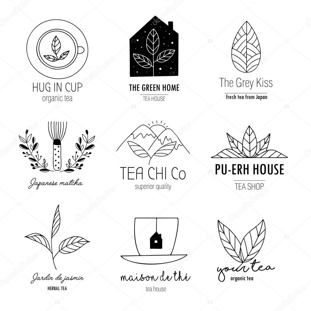 Hand drawn tea logo set in doodle style. Vector illustration