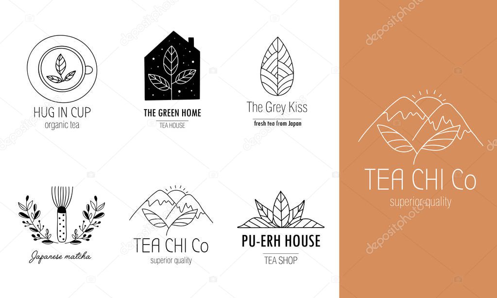 Hand drawn tea logo set in doodle style. Vector illustration