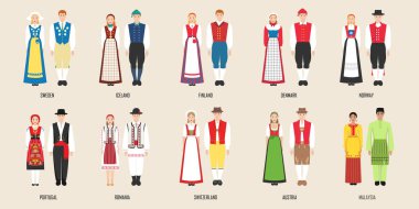 İsveç, İzlanda, Findland, Danimarka, Norveç ulusal kostümleri,
