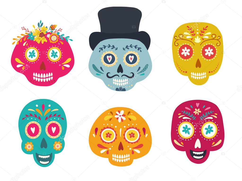 Dia de los muertos, Day of the dead, Mexican holiday, festival. Vector sugar skulls of woman and man
