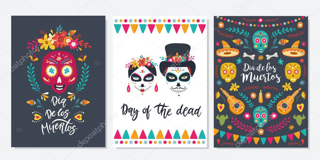 Dia de Los Muertos, Mexican Day of the Dead. Set of greeting car